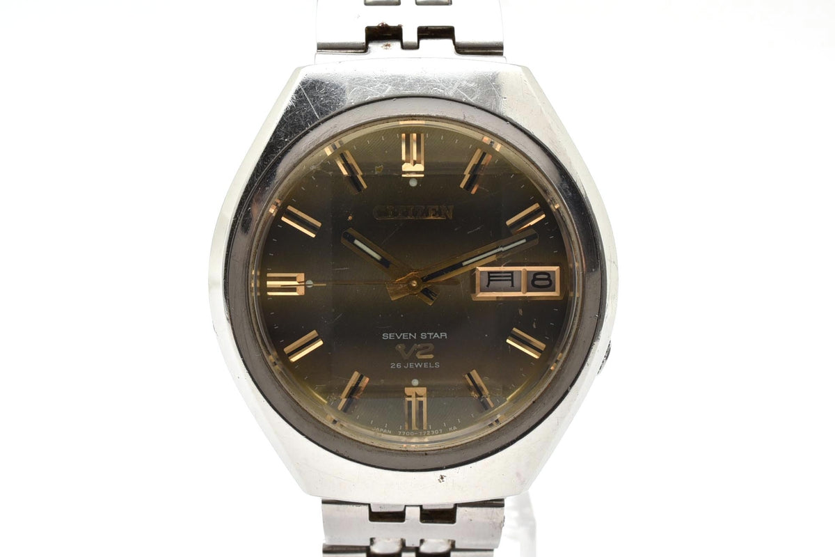 良品 CITIZEN シチズン セブンスターV2 SEVEN STAR 4-771249 自動巻き デイデイト ゴールド文字盤 トノー ステンレス ヴィンテージ 1970年代 メンズ 腕時計 稼働品