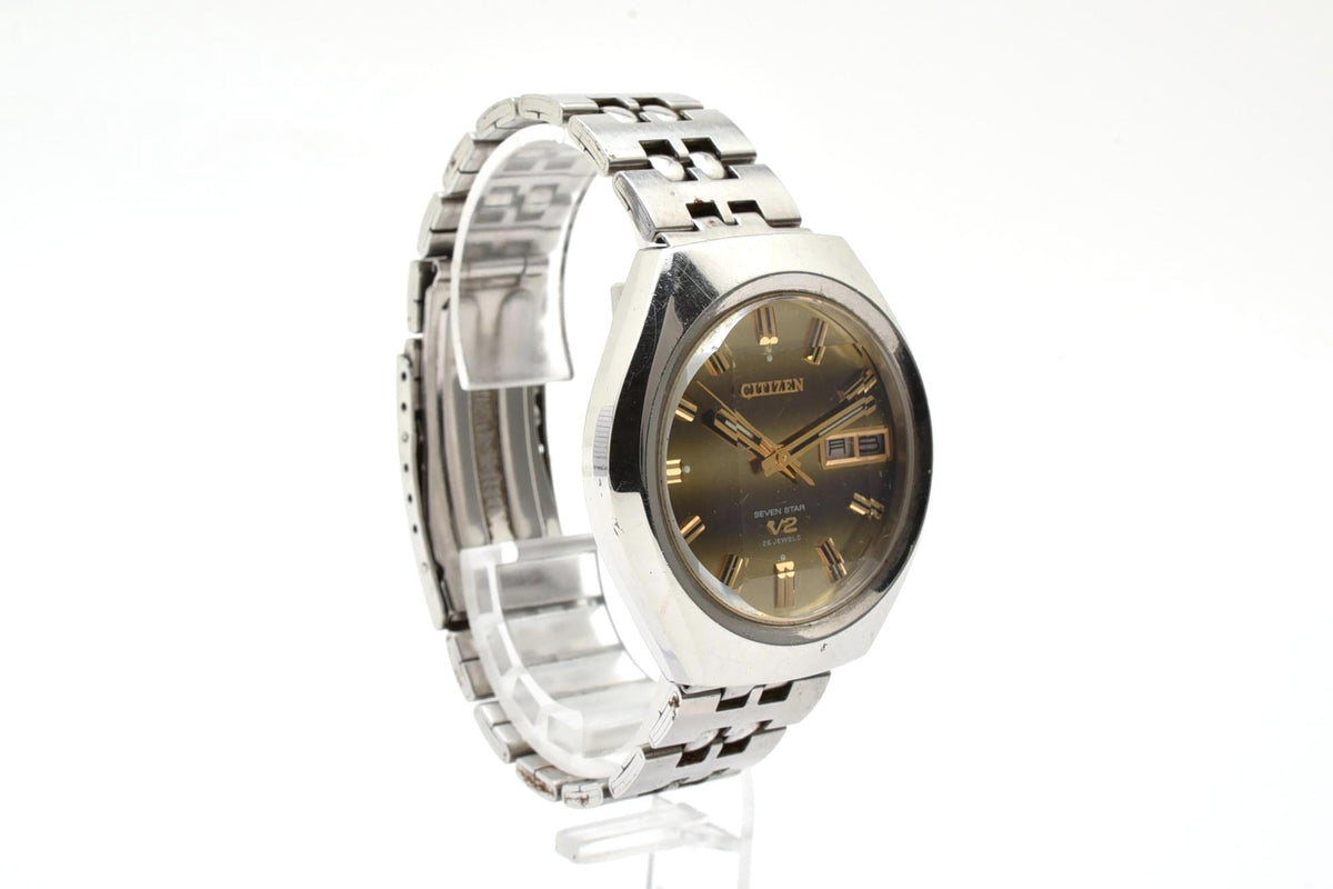 良品 CITIZEN シチズン セブンスターV2 SEVEN STAR 4-771249 自動巻き デイデイト ゴールド文字盤 トノー ステンレス ヴィンテージ 1970年代 メンズ 腕時計 稼働品