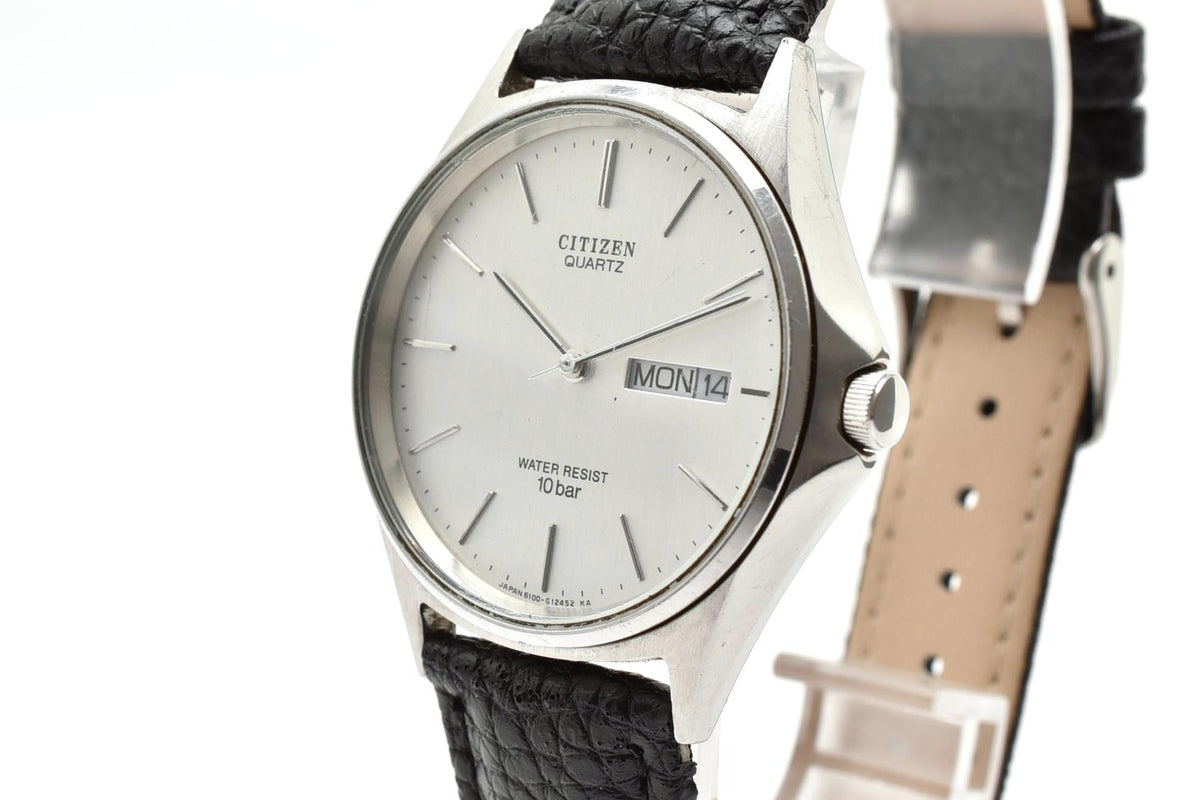 良品 CITIZEN シチズン 6100-G03665 クォーツ デイデイト 10気圧防水 シルバー文字盤 ステンレス 革ベルト メンズ 腕時計 稼働品