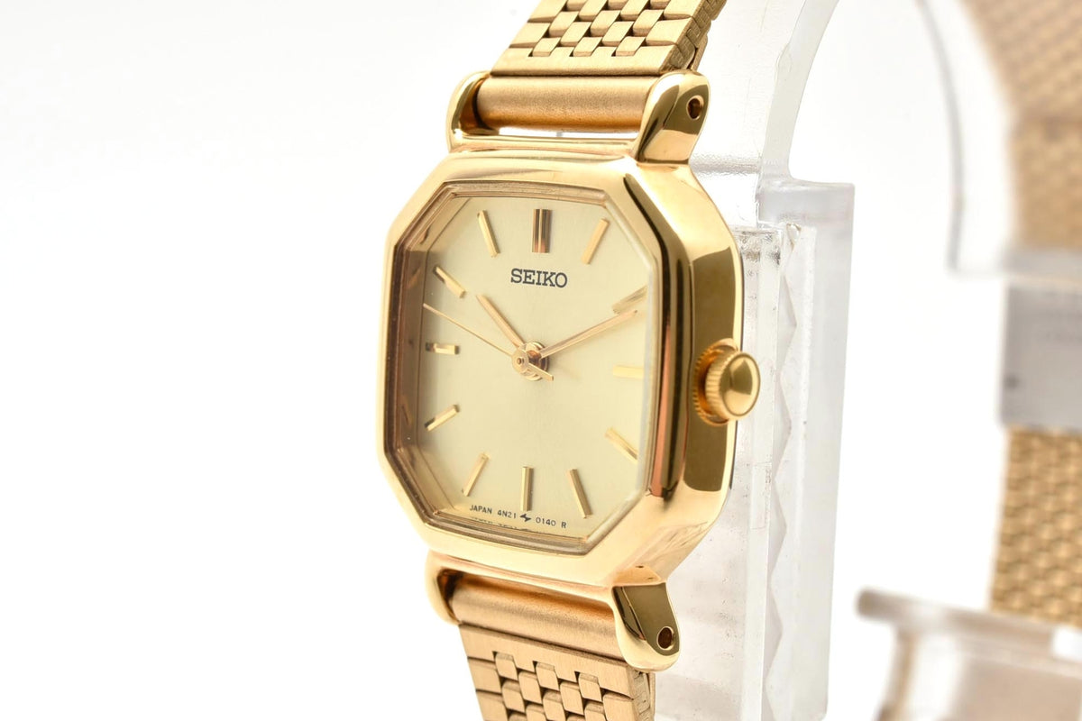 美品 SEIKO セイコー 4N21-5022 クォーツ 八角形 ゴールドカラー シャンパン文字盤 メッシュブレス 1990年代 レディース 腕時計 稼働品