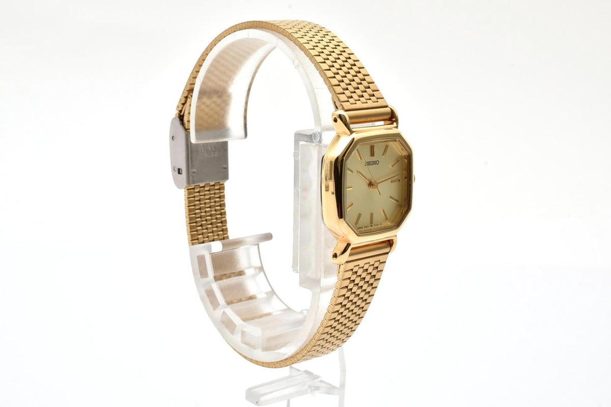 美品 SEIKO セイコー 4N21-5022 クォーツ 八角形 ゴールドカラー シャンパン文字盤 メッシュブレス 1990年代 レディース 腕時計 稼働品