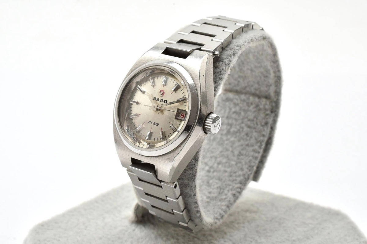 良品 RADO ラドー BERG ベルグ K126664 自動巻き デイト シルバー文字盤 ステンレス クッション型 スイス製 ヴィンテージ 1970年代 レディース 腕時計 稼働品