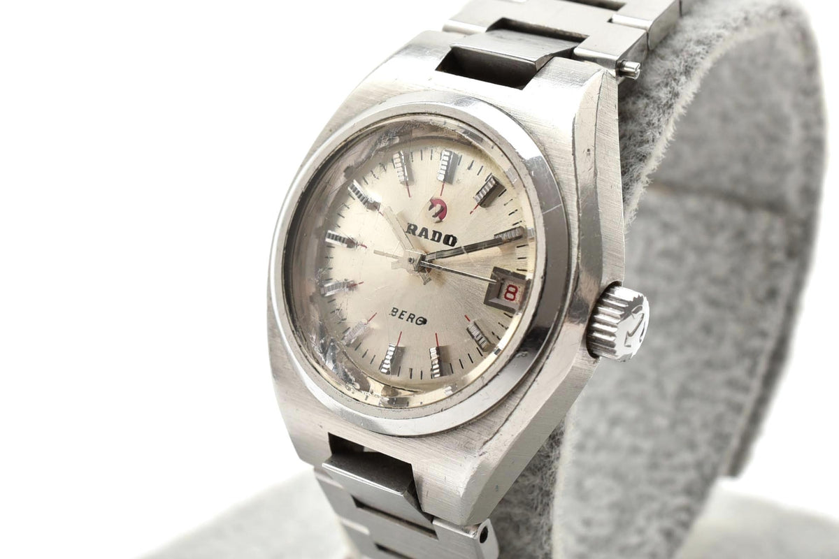 良品 RADO ラドー BERG ベルグ K126664 自動巻き デイト シルバー文字盤 ステンレス クッション型 スイス製 ヴィンテージ 1970年代 レディース 腕時計 稼働品