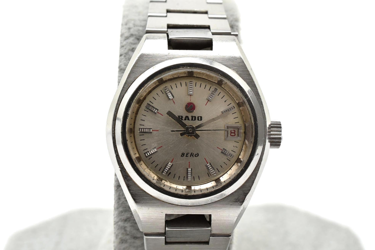良品 RADO ラドー BERG ベルグ K126664 自動巻き デイト シルバー文字盤 ステンレス クッション型 スイス製 ヴィンテージ 1970年代 レディース 腕時計 稼働品