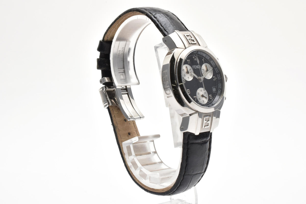 美品 FENDI フェンディ クラシコ クロノグラフ 010-4500L-606 クォーツ デイト ブラック文字盤 ステンレス レザーベルト スイス製 ユニセックス 腕時計 稼働品