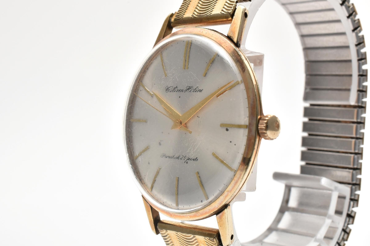 美品 CITIZEN シチズン ハイライン HL51507081 手巻き 25石 パラショック 14K GOLD FILLED シルバー文字盤 ゴールド 伸縮ブレス ヴィンテージ 1960年代 メンズ 腕時計 稼働品