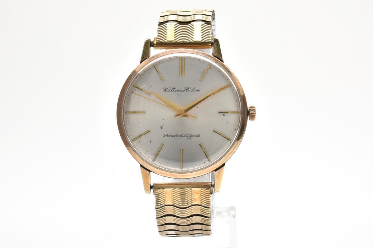 美品 CITIZEN シチズン ハイライン HL51507081 手巻き 25石 パラショック 14K GOLD FILLED シルバー文字盤 ゴールド 伸縮ブレス ヴィンテージ 1960年代 メンズ 腕時計 稼働品