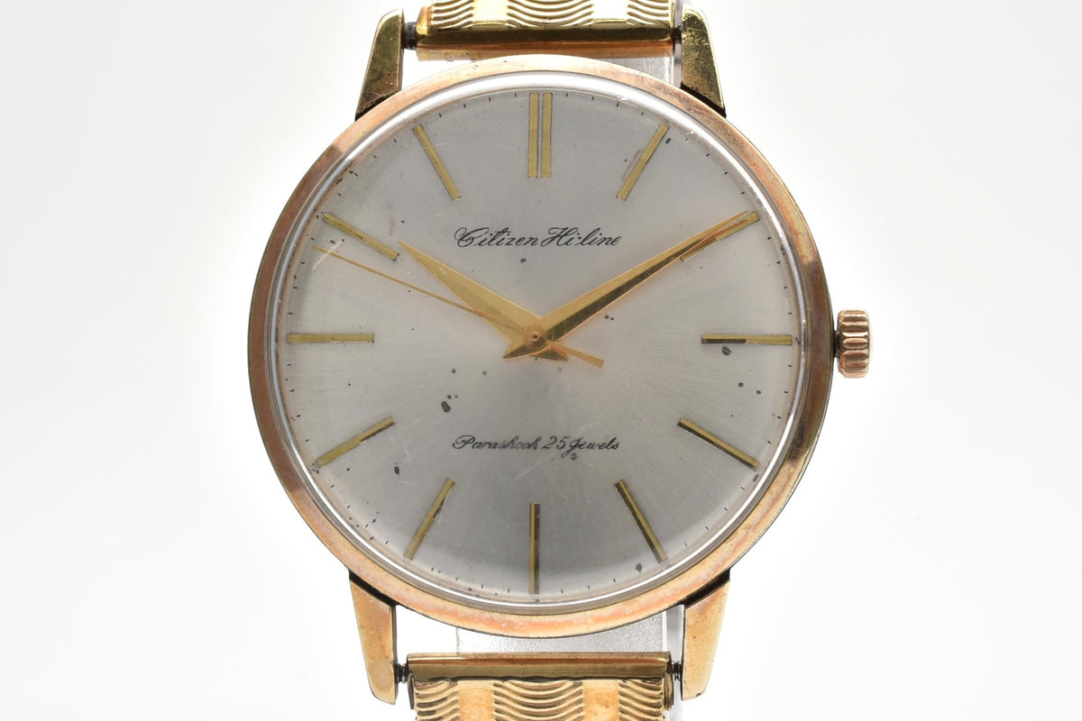 美品 CITIZEN シチズン ハイライン HL51507081 手巻き 25石 パラショック 14K GOLD FILLED シルバー文字盤 ゴールド 伸縮ブレス ヴィンテージ 1960年代 メンズ 腕時計 稼働品