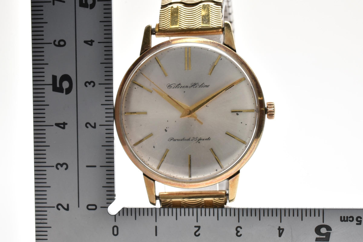 美品 CITIZEN シチズン ハイライン HL51507081 手巻き 25石 パラショック 14K GOLD FILLED シルバー文字盤 ゴールド 伸縮ブレス ヴィンテージ 1960年代 メンズ 腕時計 稼働品