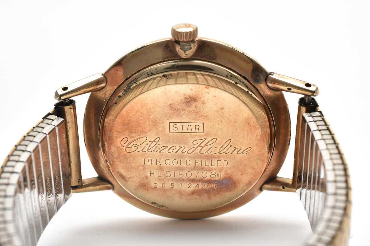 美品 CITIZEN シチズン ハイライン HL51507081 手巻き 25石 パラショック 14K GOLD FILLED シルバー文字盤 ゴールド 伸縮ブレス ヴィンテージ 1960年代 メンズ 腕時計 稼働品