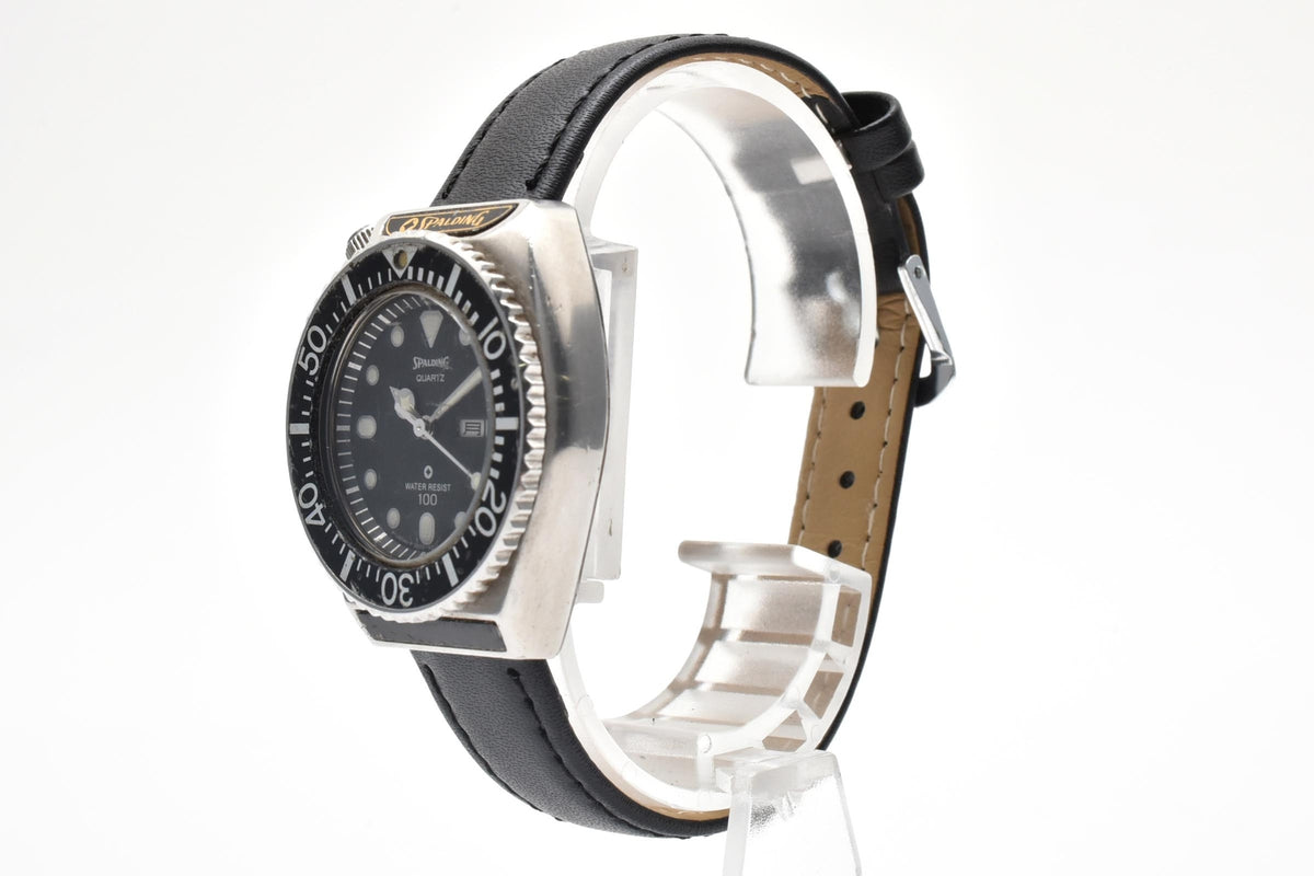 美品 CITIZEN シチズン SPALDING スポルディング 3600-396901 クォーツ デイデイト ダイバースタイル ブラック文字盤 回転ベゼル ヴィンテージ 1980年代 ユニセックス 腕時計 稼働品