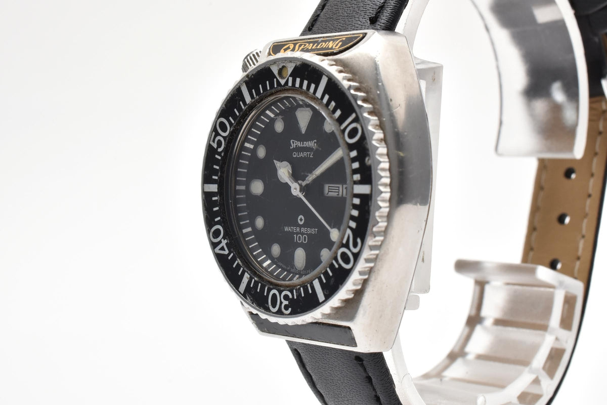 美品 CITIZEN シチズン SPALDING スポルディング 3600-396901 クォーツ デイデイト ダイバースタイル ブラック文字盤 回転ベゼル ヴィンテージ 1980年代 ユニセックス 腕時計 稼働品