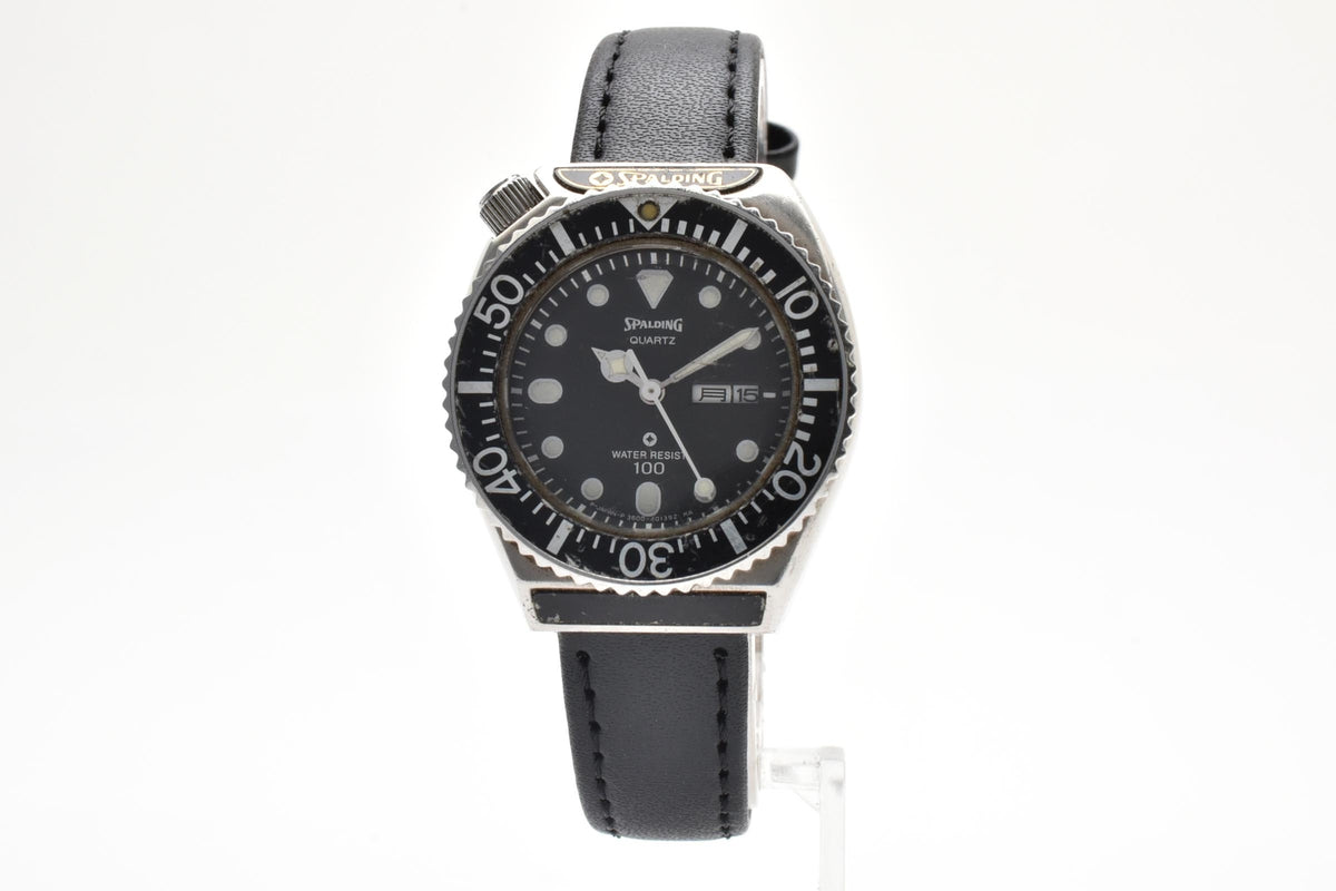 美品 CITIZEN シチズン SPALDING スポルディング 3600-396901 クォーツ デイデイト ダイバースタイル ブラック文字盤 回転ベゼル ヴィンテージ 1980年代 ユニセックス 腕時計 稼働品
