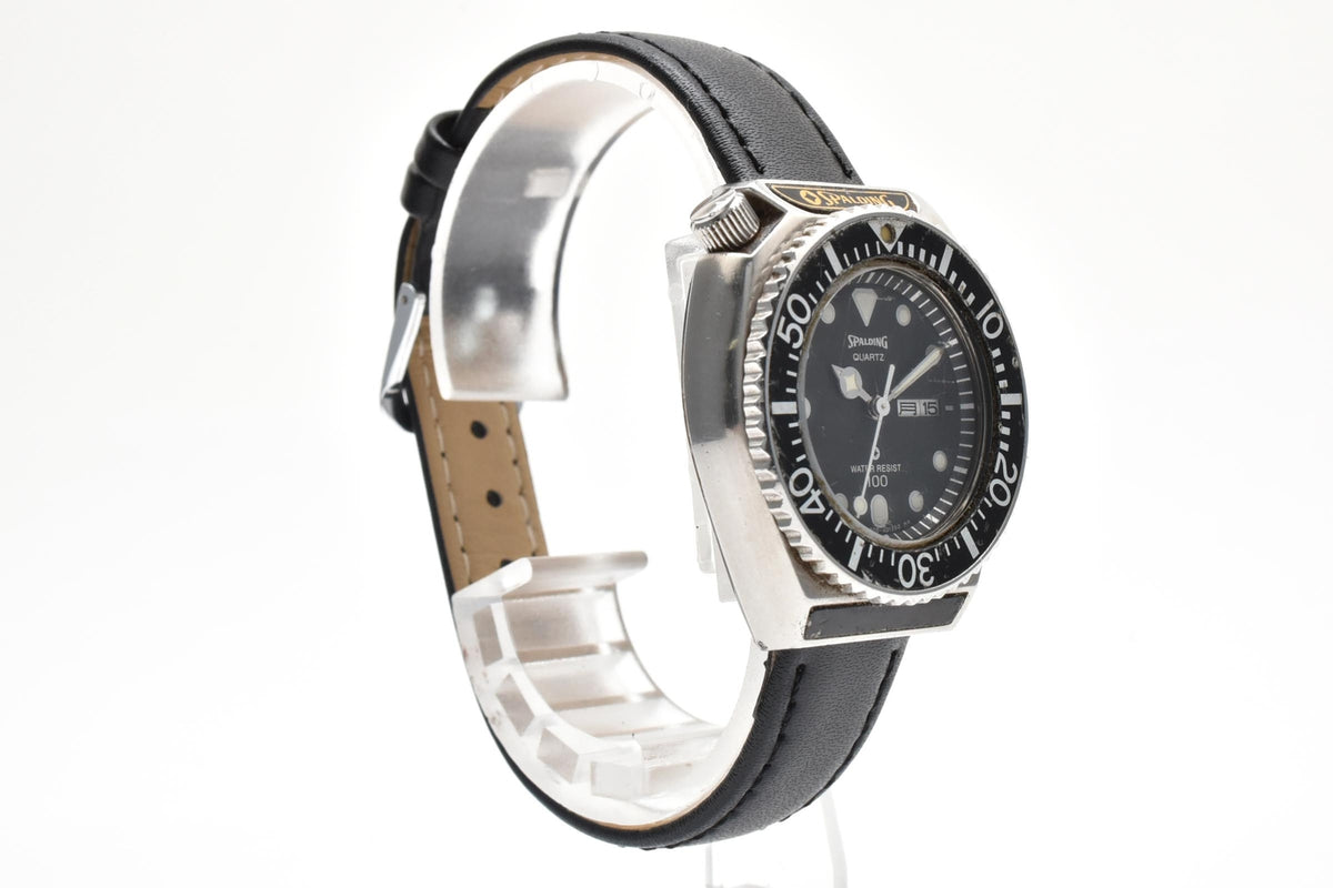 美品 CITIZEN シチズン SPALDING スポルディング 3600-396901 クォーツ デイデイト ダイバースタイル ブラック文字盤 回転ベゼル ヴィンテージ 1980年代 ユニセックス 腕時計 稼働品