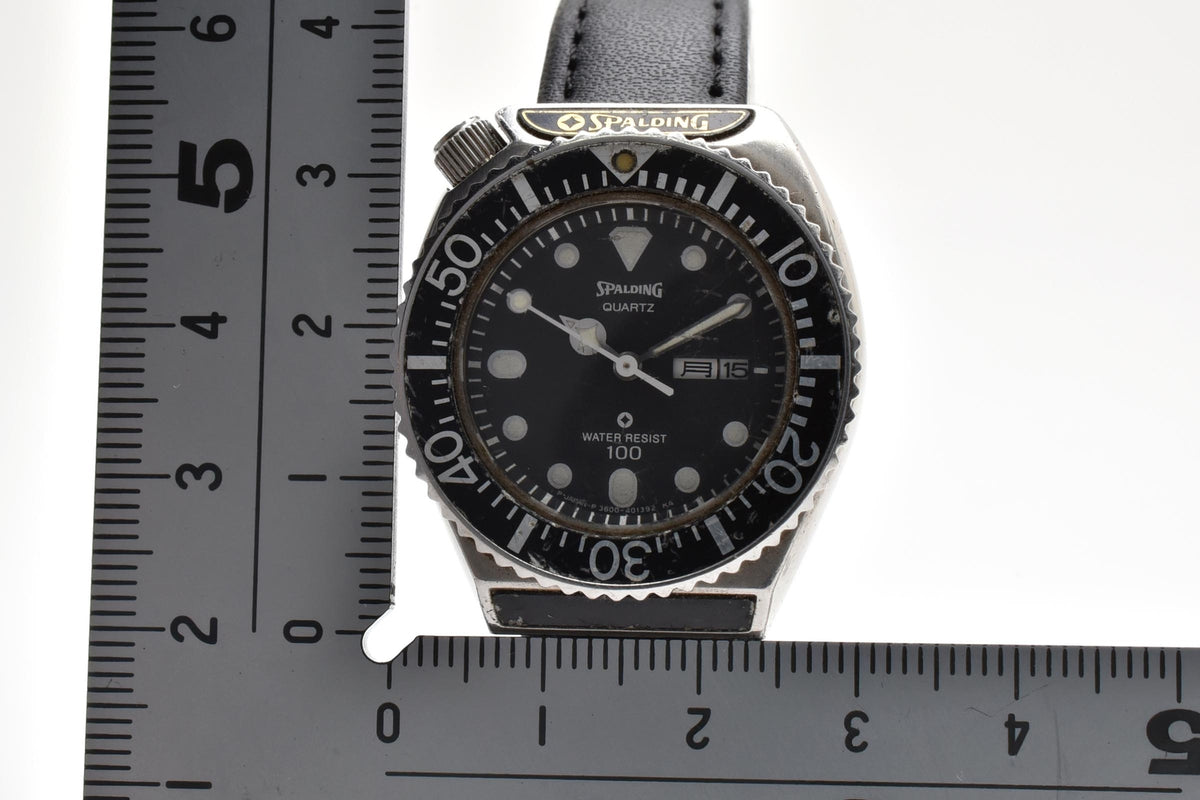 美品 CITIZEN シチズン SPALDING スポルディング 3600-396901 クォーツ デイデイト ダイバースタイル ブラック文字盤 回転ベゼル ヴィンテージ 1980年代 ユニセックス 腕時計 稼働品