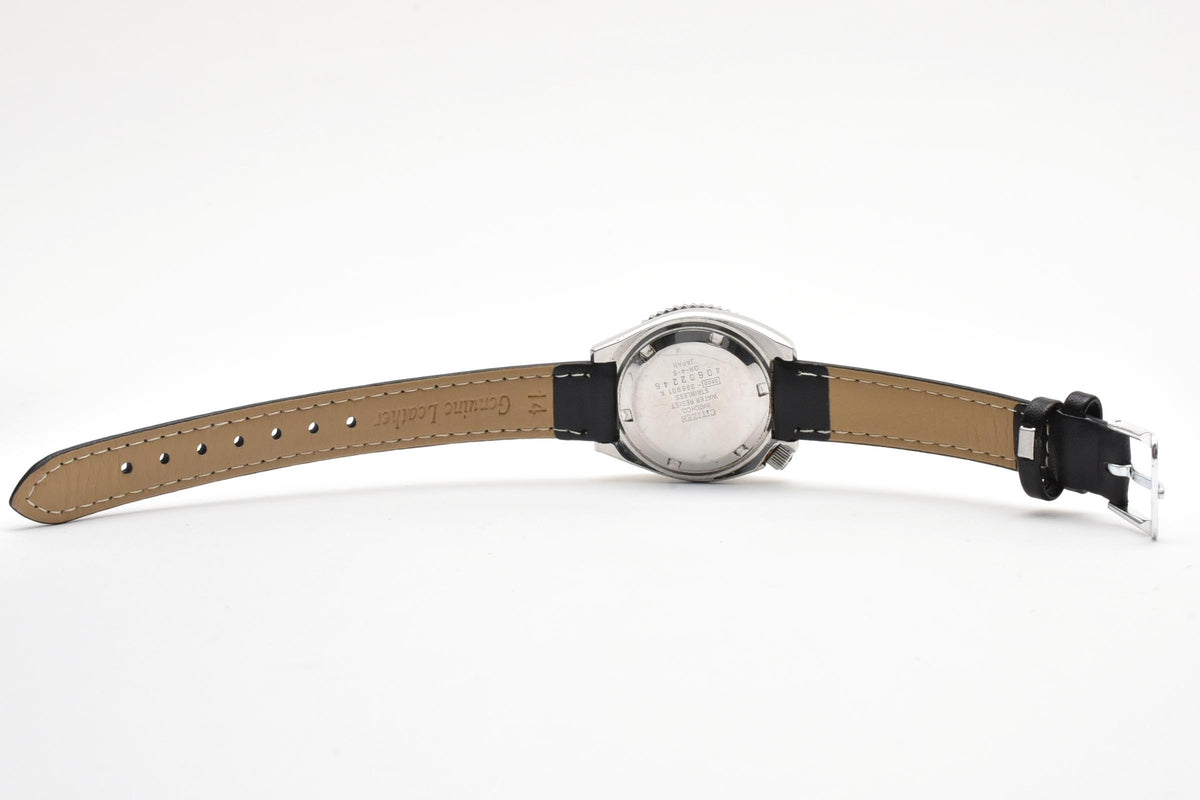 美品 CITIZEN シチズン SPALDING スポルディング 3600-396901 クォーツ デイデイト ダイバースタイル ブラック文字盤 回転ベゼル ヴィンテージ 1980年代 ユニセックス 腕時計 稼働品