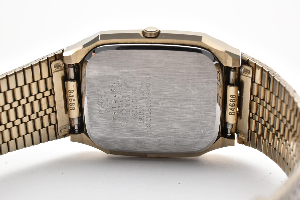 美品 CITIZEN シチズン エクシード 5639-F61524 クォーツ スクエア コンビ ゴールド文字盤 メッシュブレス ヴィンテージ 1980年代 ユニセックス 腕時計 稼働品