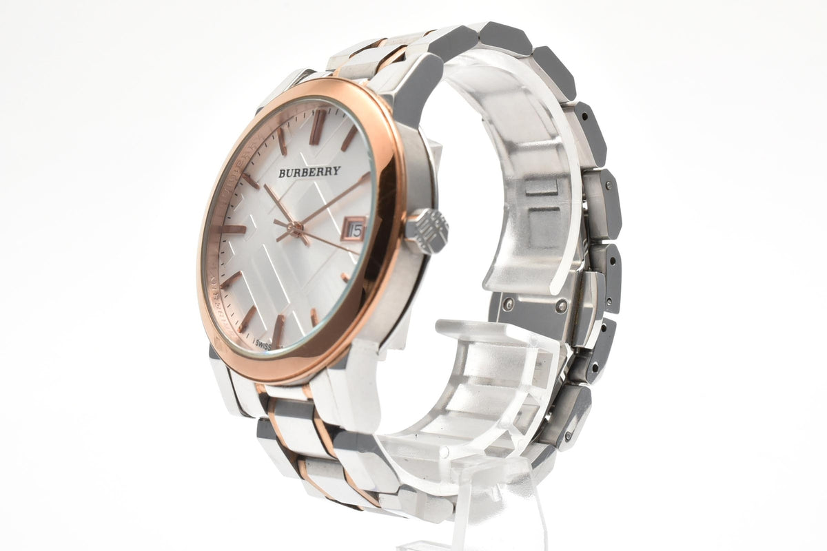 美品 BURBERRY バーバリー ザ・シティ BU9003 クォーツ デイト チェック文字盤 コンビ ローズゴールド ステンレス スイス製 サファイア メンズ 腕時計 稼働品