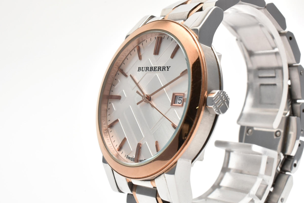 美品 BURBERRY バーバリー ザ・シティ BU9003 クォーツ デイト チェック文字盤 コンビ ローズゴールド ステンレス スイス製 サファイア メンズ 腕時計 稼働品