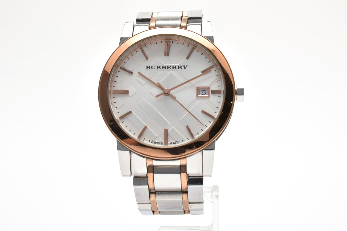 美品 BURBERRY バーバリー ザ・シティ BU9003 クォーツ デイト チェック文字盤 コンビ ローズゴールド ステンレス スイス製 サファイア メンズ 腕時計 稼働品