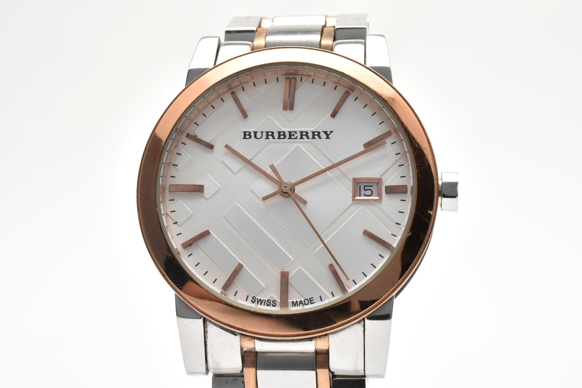 美品 BURBERRY バーバリー ザ・シティ BU9003 クォーツ デイト チェック文字盤 コンビ ローズゴールド ステンレス スイス製 サファイア メンズ 腕時計 稼働品