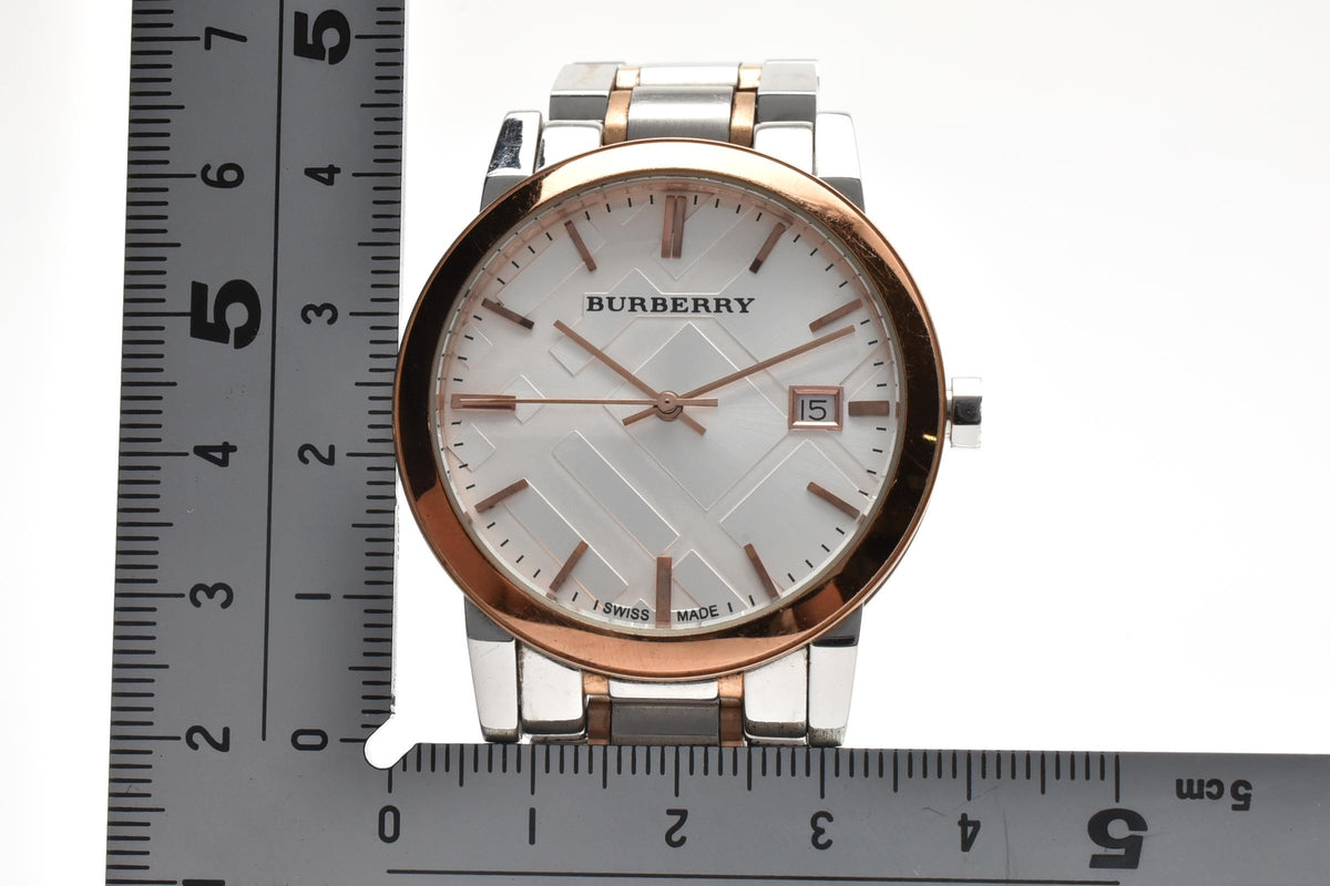 美品 BURBERRY バーバリー ザ・シティ BU9003 クォーツ デイト チェック文字盤 コンビ ローズゴールド ステンレス スイス製 サファイア メンズ 腕時計 稼働品