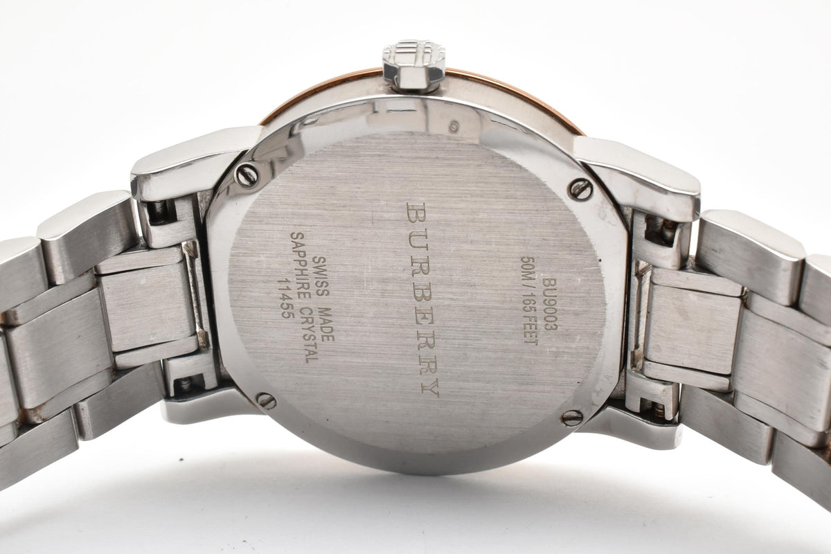 美品 BURBERRY バーバリー ザ・シティ BU9003 クォーツ デイト チェック文字盤 コンビ ローズゴールド ステンレス スイス製 サファイア メンズ 腕時計 稼働品