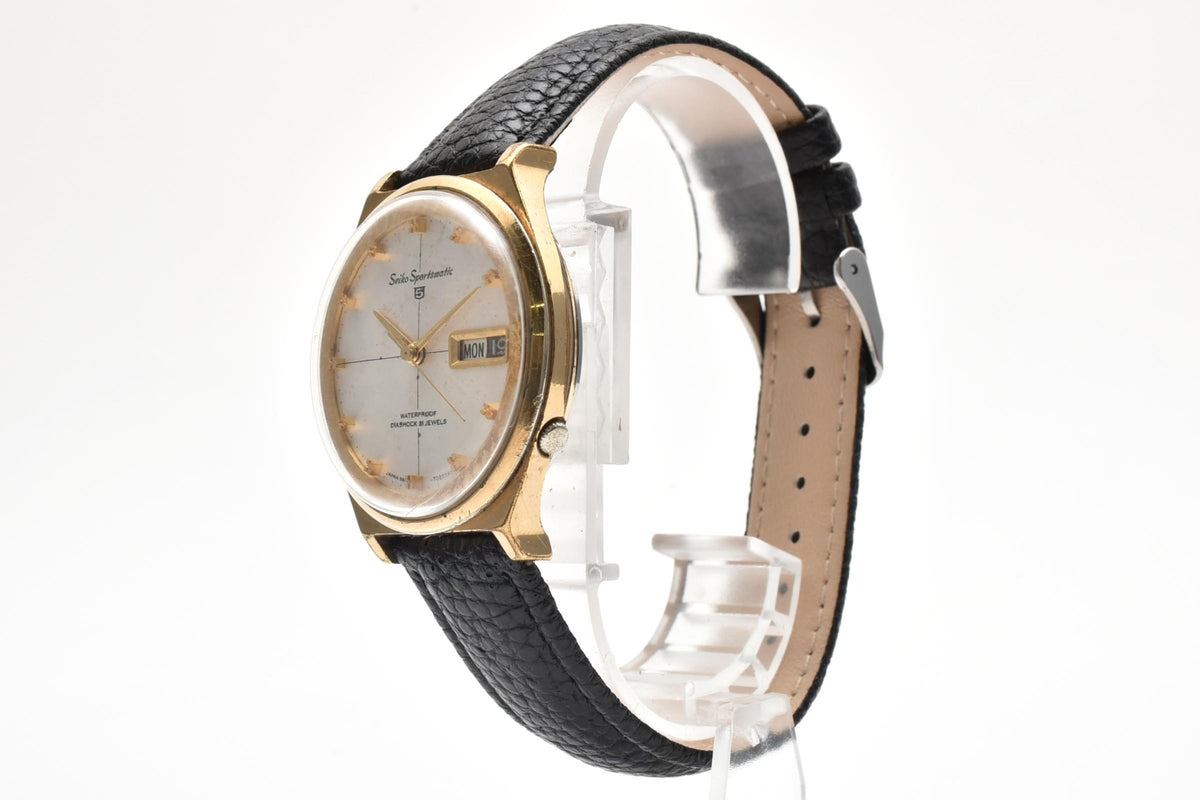 美品 SEIKO セイコー スポーツマチック5 6619-7020 自動巻き 21石 デイデイト ホワイト文字盤 ゴールドカラー レザーベルト ヴィンテージ 1965年 メンズ 腕時計 稼働品