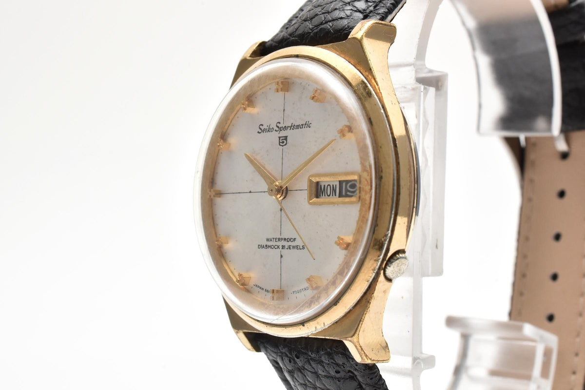 美品 SEIKO セイコー スポーツマチック5 6619-7020 自動巻き 21石 デイデイト ホワイト文字盤 ゴールドカラー レザーベルト ヴィンテージ 1965年 メンズ 腕時計 稼働品