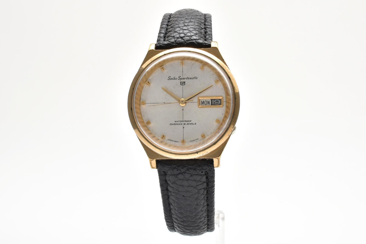 美品 SEIKO セイコー スポーツマチック5 6619-7020 自動巻き 21石 デイデイト ホワイト文字盤 ゴールドカラー レザーベルト ヴィンテージ 1965年 メンズ 腕時計 稼働品
