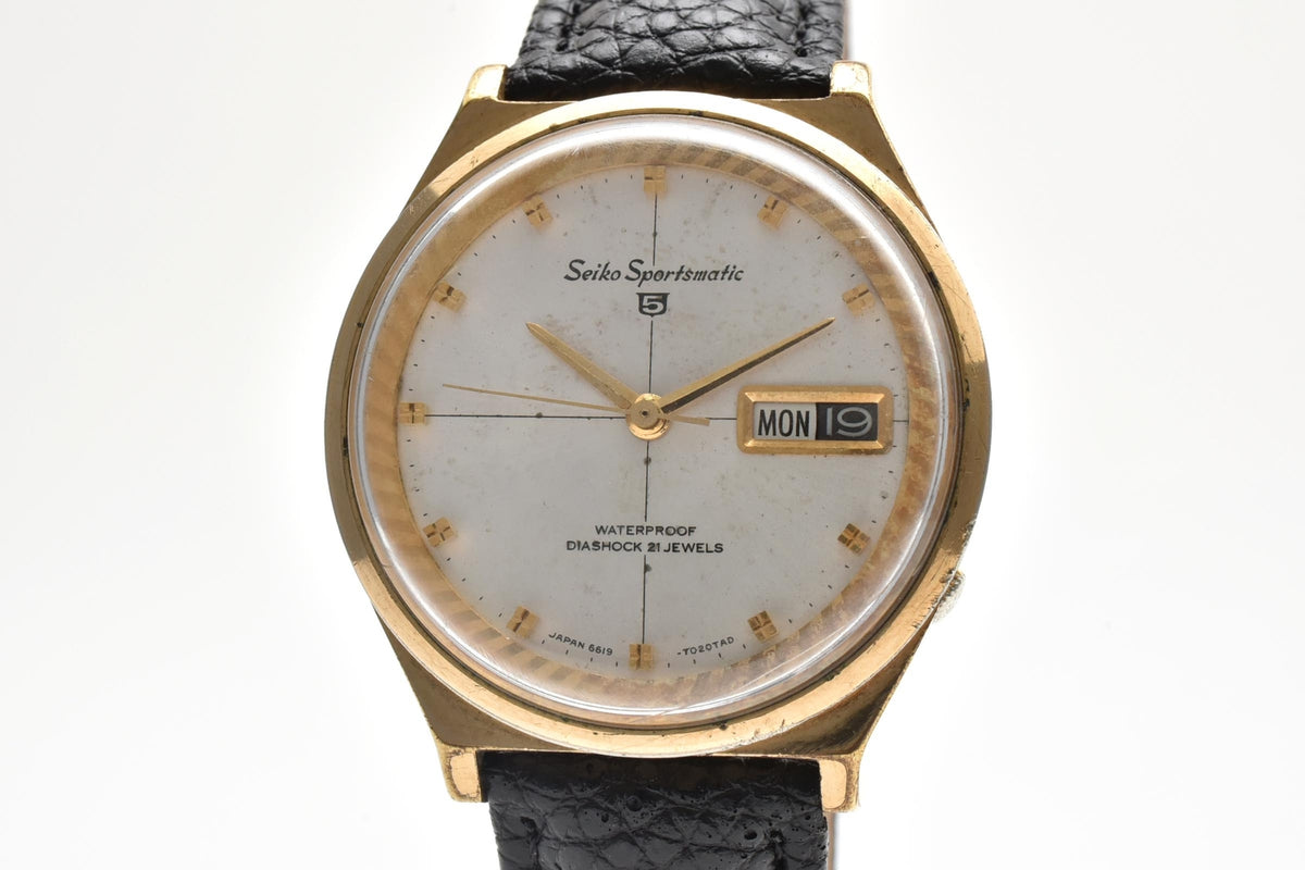 美品 SEIKO セイコー スポーツマチック5 6619-7020 自動巻き 21石 デイデイト ホワイト文字盤 ゴールドカラー レザーベルト ヴィンテージ 1965年 メンズ 腕時計 稼働品