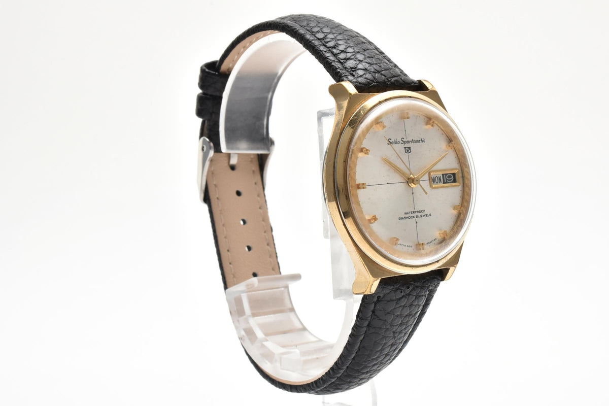 美品 SEIKO セイコー スポーツマチック5 6619-7020 自動巻き 21石 デイデイト ホワイト文字盤 ゴールドカラー レザーベルト ヴィンテージ 1965年 メンズ 腕時計 稼働品
