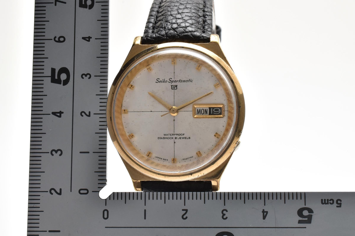 美品 SEIKO セイコー スポーツマチック5 6619-7020 自動巻き 21石 デイデイト ホワイト文字盤 ゴールドカラー レザーベルト ヴィンテージ 1965年 メンズ 腕時計 稼働品
