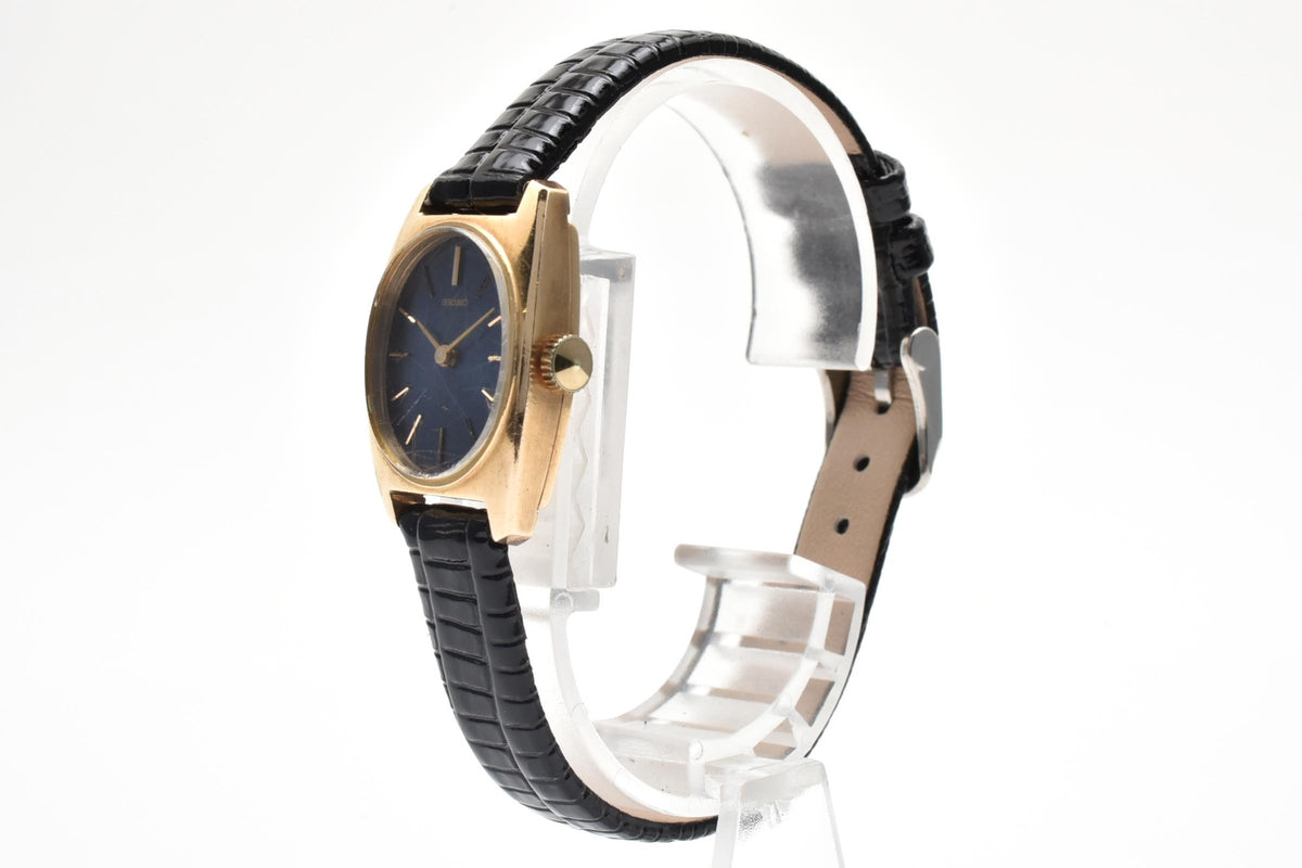 美品 SEIKO セイコー 17-7070 手巻き ブルー文字盤 GOLD FILLED 金張り トノー カクテルウォッチ レザーベルト ヴィンテージ 1970年代 レディース 腕時計 稼働品