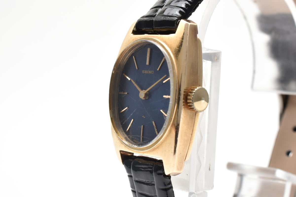 美品 SEIKO セイコー 17-7070 手巻き ブルー文字盤 GOLD FILLED 金張り トノー カクテルウォッチ レザーベルト ヴィンテージ 1970年代 レディース 腕時計 稼働品