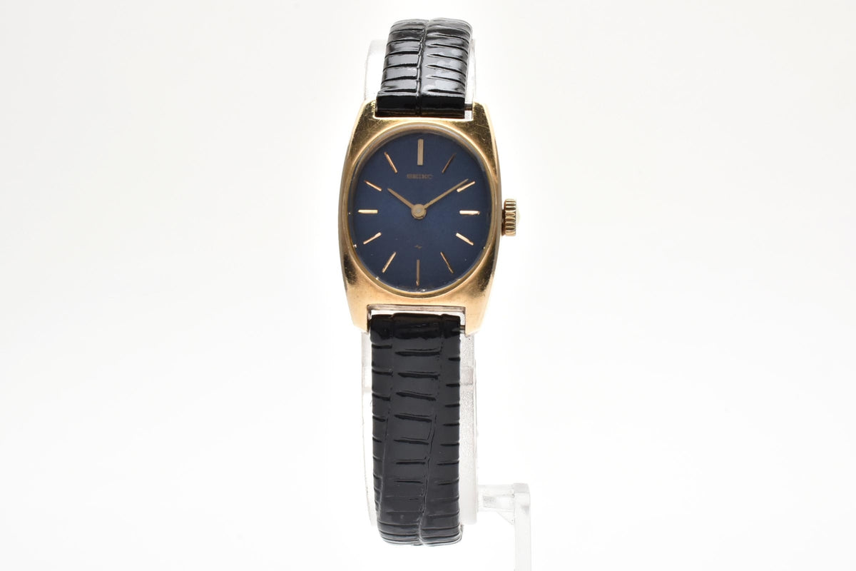 美品 SEIKO セイコー 17-7070 手巻き ブルー文字盤 GOLD FILLED 金張り トノー カクテルウォッチ レザーベルト ヴィンテージ 1970年代 レディース 腕時計 稼働品