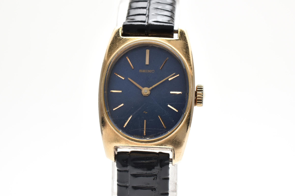 美品 SEIKO セイコー 17-7070 手巻き ブルー文字盤 GOLD FILLED 金張り トノー カクテルウォッチ レザーベルト ヴィンテージ 1970年代 レディース 腕時計 稼働品