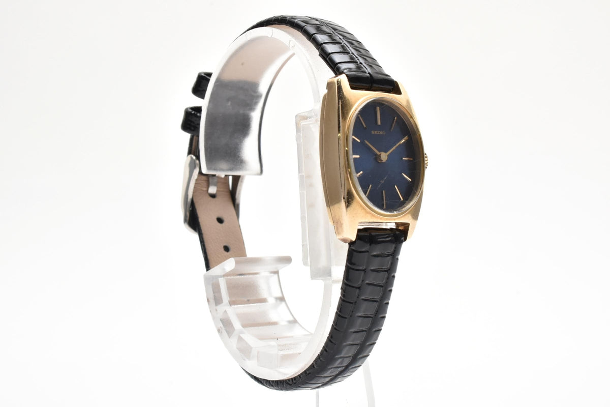 美品 SEIKO セイコー 17-7070 手巻き ブルー文字盤 GOLD FILLED 金張り トノー カクテルウォッチ レザーベルト ヴィンテージ 1970年代 レディース 腕時計 稼働品