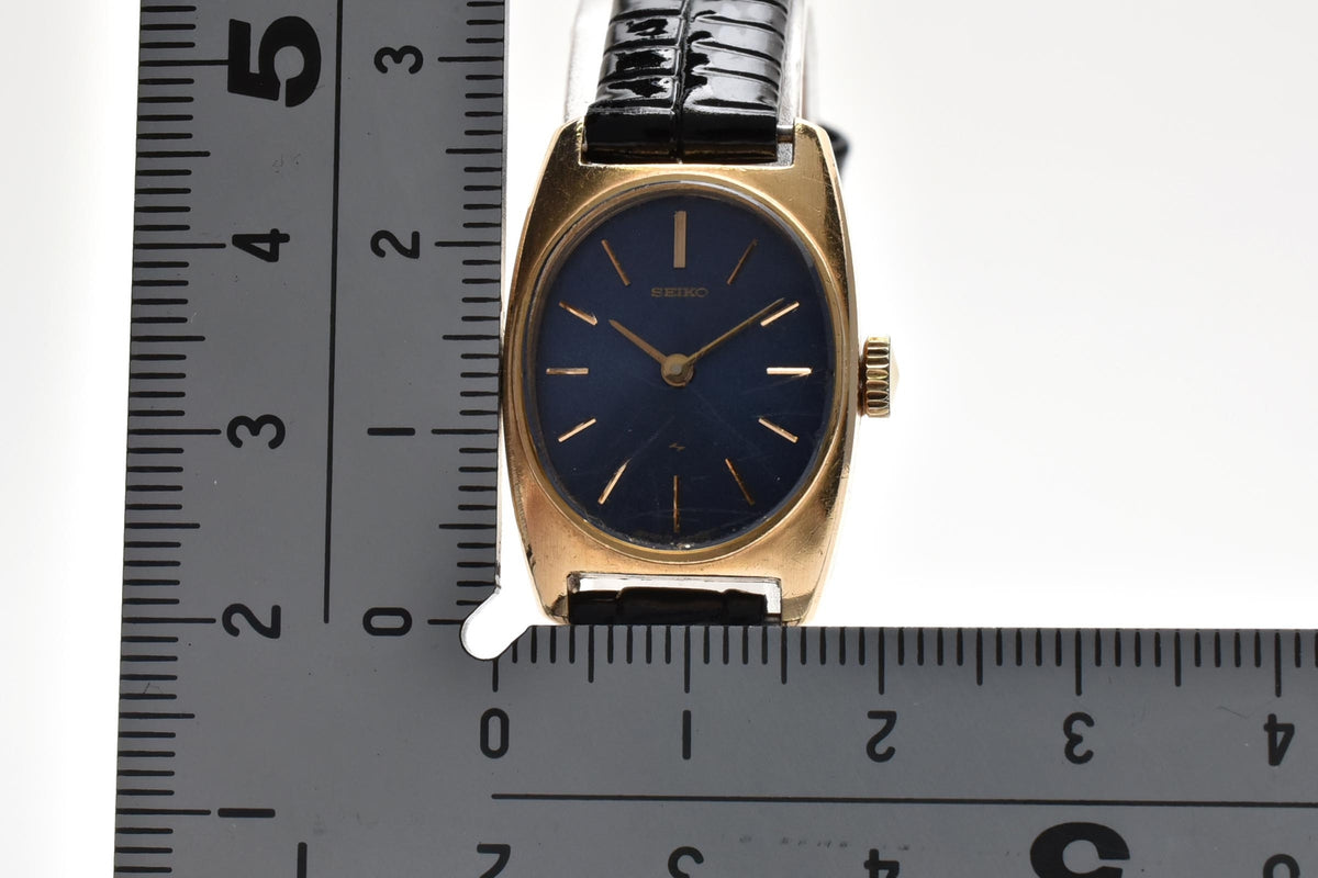 美品 SEIKO セイコー 17-7070 手巻き ブルー文字盤 GOLD FILLED 金張り トノー カクテルウォッチ レザーベルト ヴィンテージ 1970年代 レディース 腕時計 稼働品