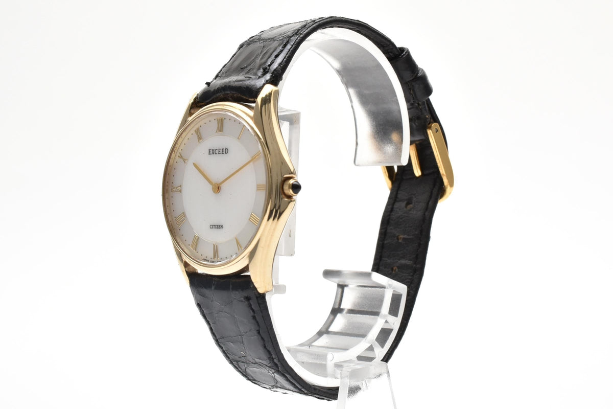 美品 CITIZEN シチズン エクシード 0321-C30421Y クォーツ 超薄型 ゴールドカラー ホワイト文字盤 ローマン レザーベルト レディース 腕時計 稼働品