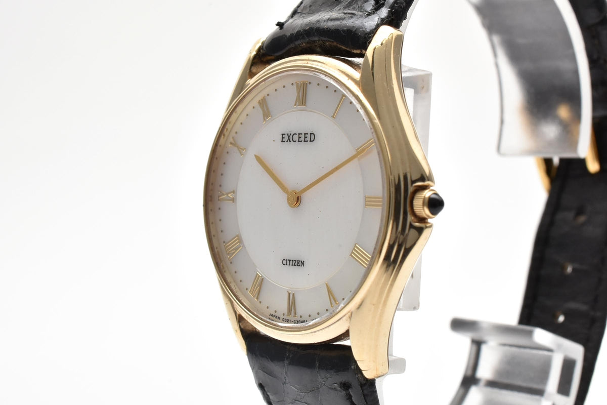 美品 CITIZEN シチズン エクシード 0321-C30421Y クォーツ 超薄型 ゴールドカラー ホワイト文字盤 ローマン レザーベルト レディース 腕時計 稼働品