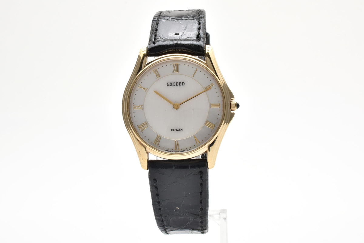 美品 CITIZEN シチズン エクシード 0321-C30421Y クォーツ 超薄型 ゴールドカラー ホワイト文字盤 ローマン レザーベルト レディース 腕時計 稼働品