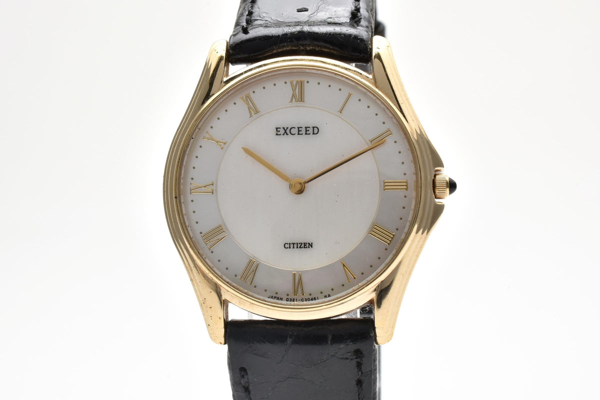 美品 CITIZEN シチズン エクシード 0321-C30421Y クォーツ 超薄型 ゴールドカラー ホワイト文字盤 ローマン レザーベルト レディース 腕時計 稼働品