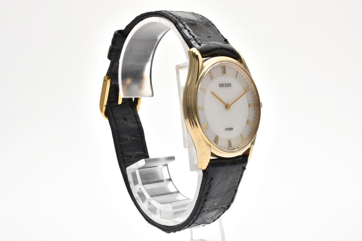 美品 CITIZEN シチズン エクシード 0321-C30421Y クォーツ 超薄型 ゴールドカラー ホワイト文字盤 ローマン レザーベルト レディース 腕時計 稼働品