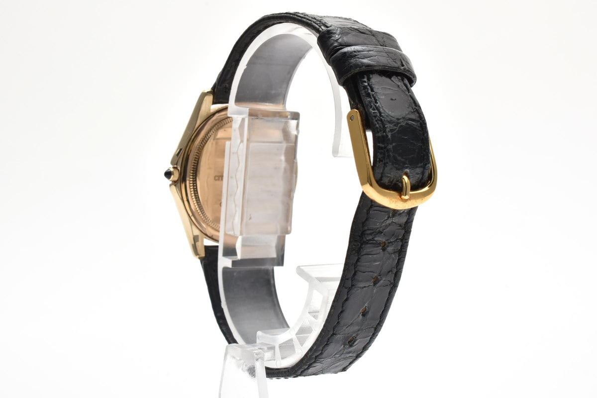 美品 CITIZEN シチズン エクシード 0321-C30421Y クォーツ 超薄型 ゴールドカラー ホワイト文字盤 ローマン レザーベルト レディース 腕時計 稼働品