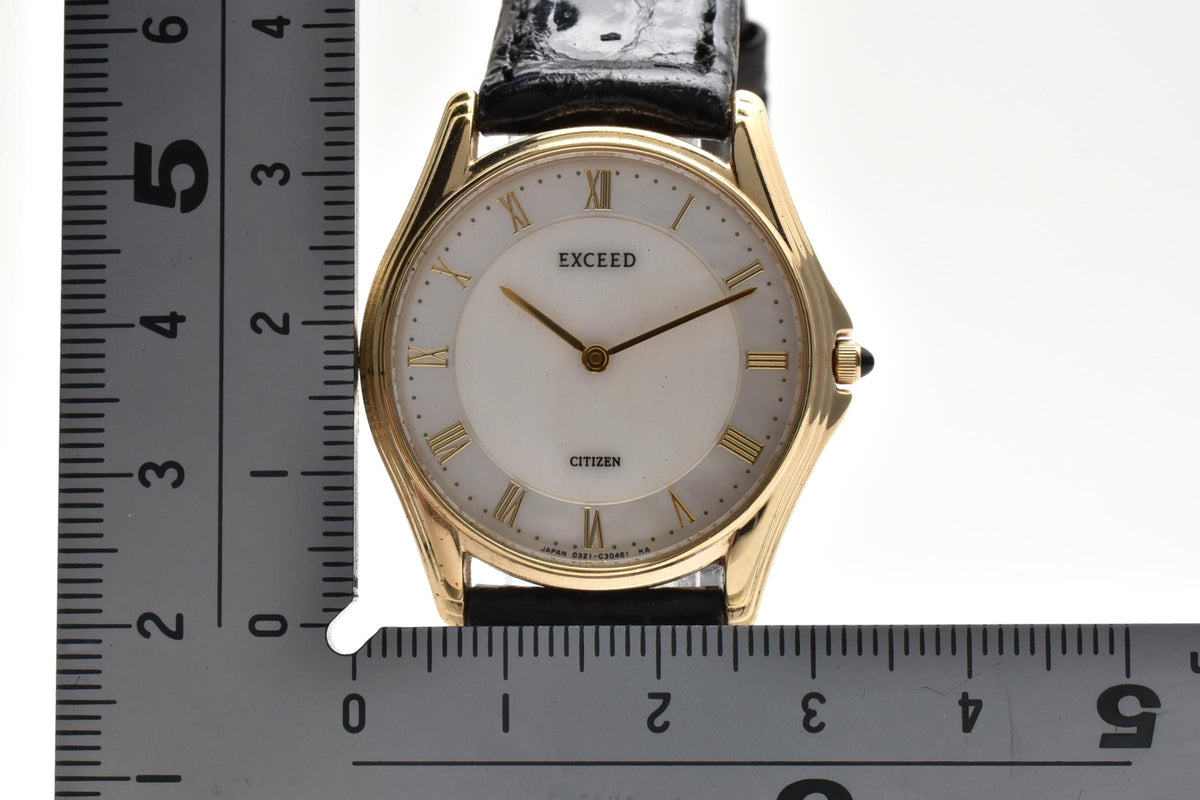 美品 CITIZEN シチズン エクシード 0321-C30421Y クォーツ 超薄型 ゴールドカラー ホワイト文字盤 ローマン レザーベルト レディース 腕時計 稼働品