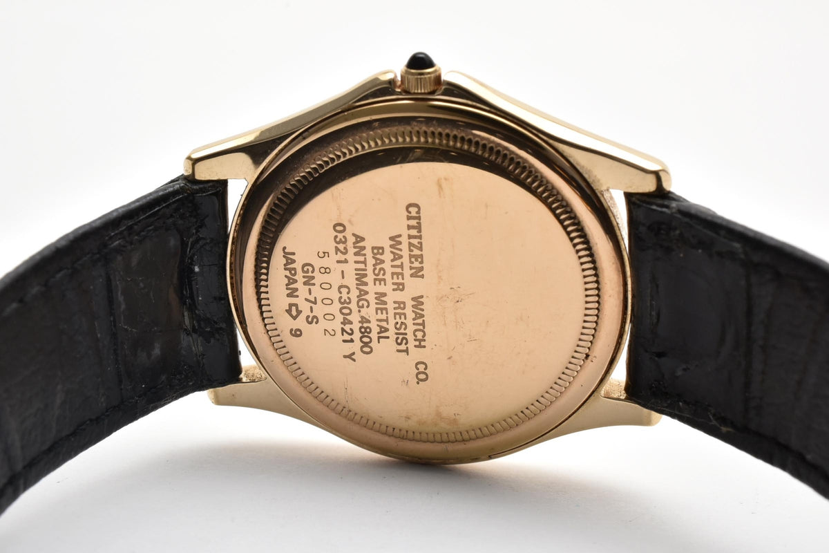 美品 CITIZEN シチズン エクシード 0321-C30421Y クォーツ 超薄型 ゴールドカラー ホワイト文字盤 ローマン レザーベルト レディース 腕時計 稼働品