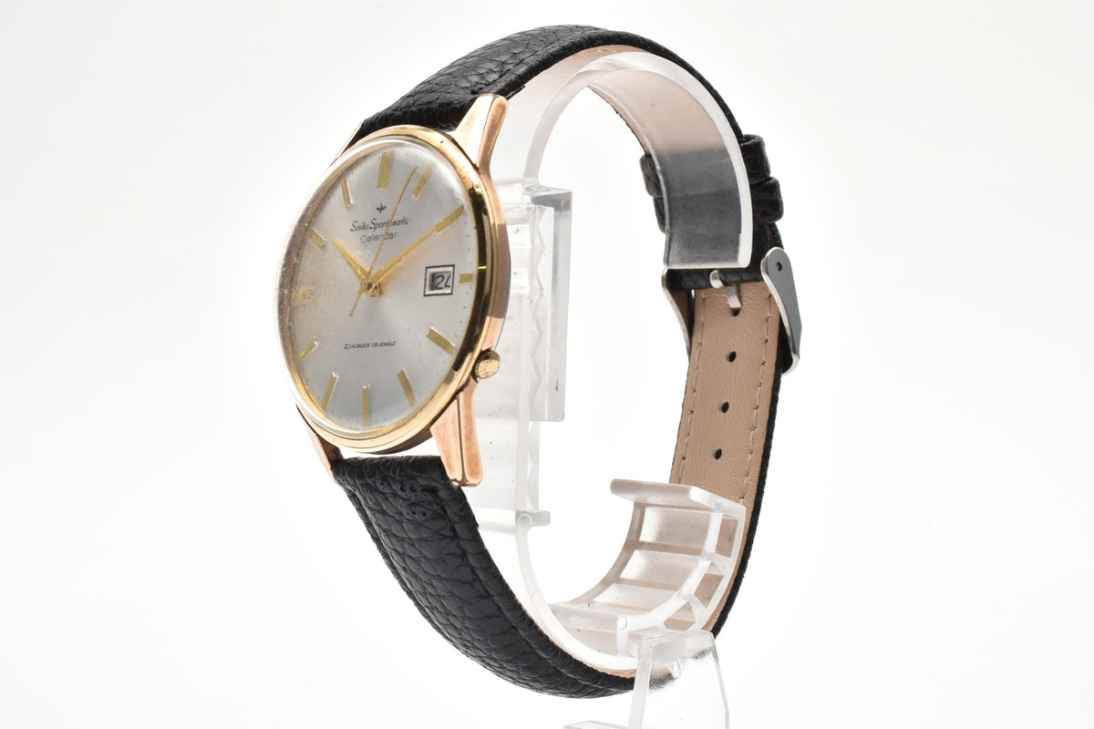 良品 SEIKO セイコー スポーツマチック カレンダー 15037D 自動巻き 17石 ダイヤショック デイト シルバー文字盤 EGP 金メッキ レザーベルト ヴィンテージ 1960年代 メンズ 腕時計 稼働品