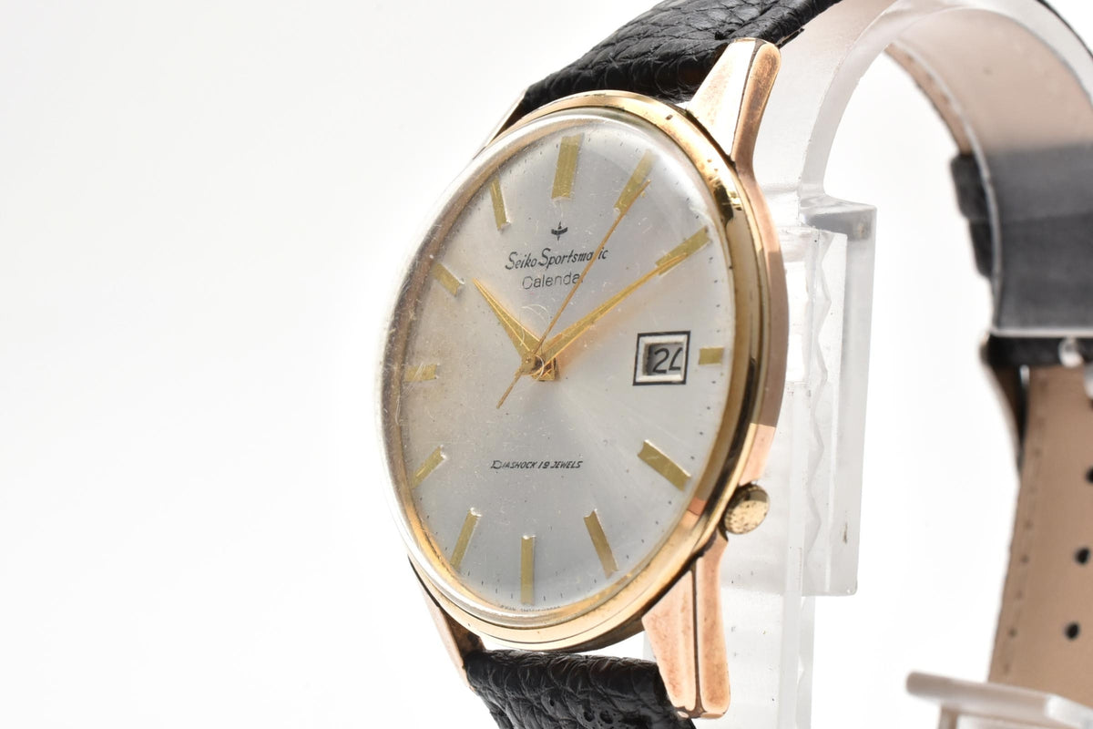 良品 SEIKO セイコー スポーツマチック カレンダー 15037D 自動巻き 17石 ダイヤショック デイト シルバー文字盤 EGP 金メッキ レザーベルト ヴィンテージ 1960年代 メンズ 腕時計 稼働品