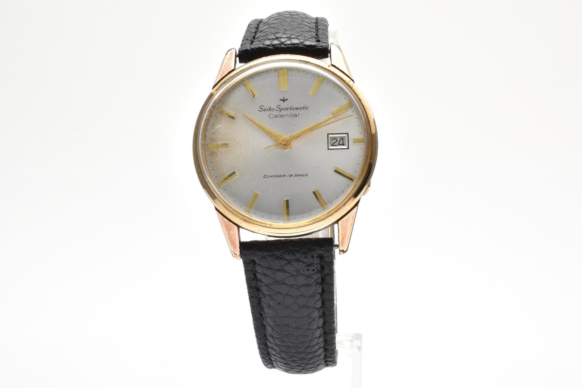 良品 SEIKO セイコー スポーツマチック カレンダー 15037D 自動巻き 17石 ダイヤショック デイト シルバー文字盤 EGP 金メッキ レザーベルト ヴィンテージ 1960年代 メンズ 腕時計 稼働品